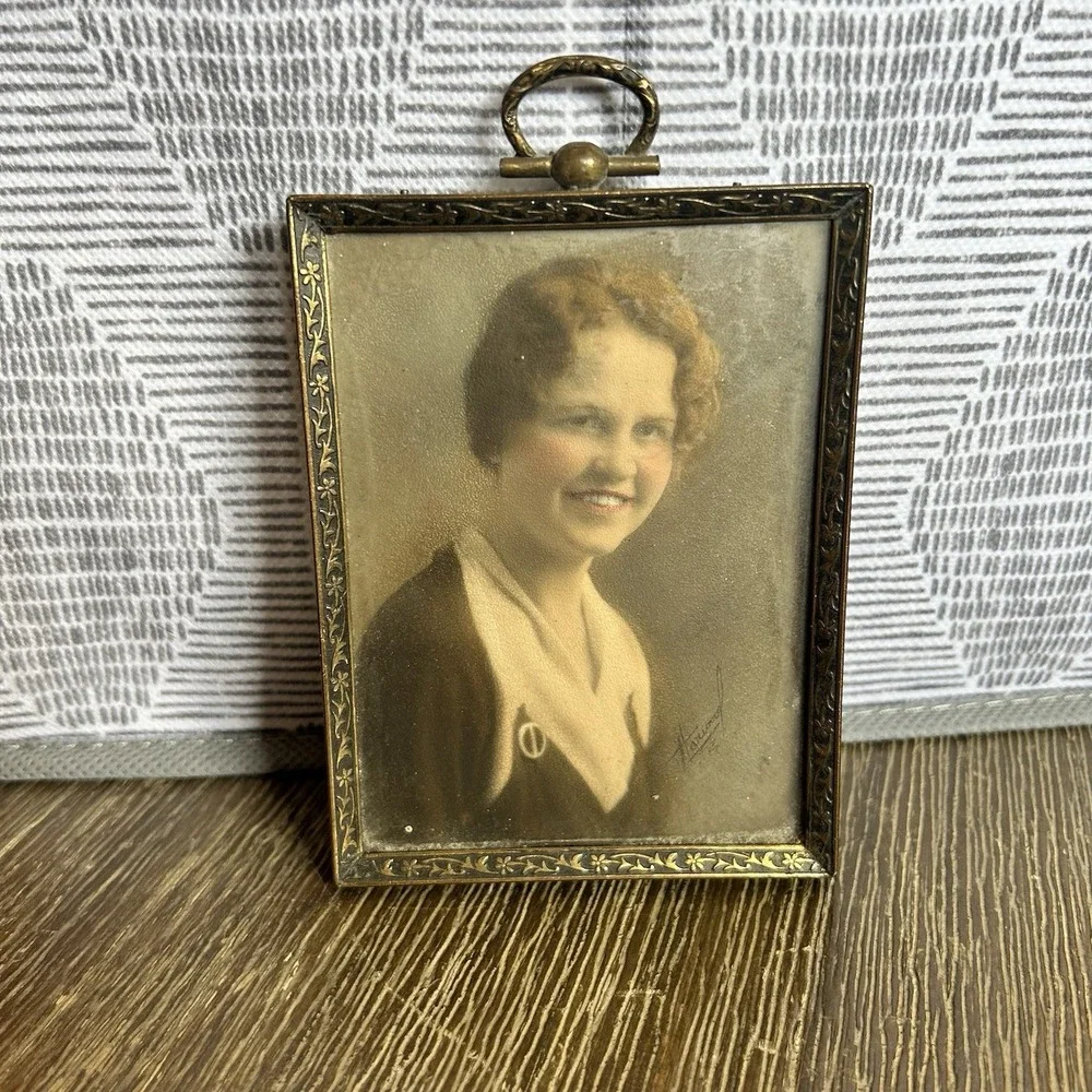 Antique Gilt Ornate Metal Picture Frame Signed Photo Women